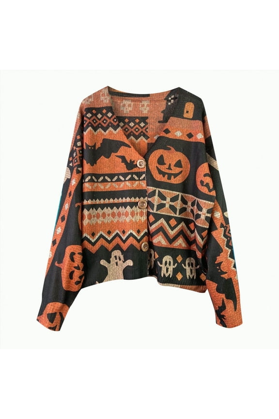 Halloween Sweaters for Women Fall Pumpkin Sweater V Neck Button Down Long Sleeve Funny Graphic Pullover Tops