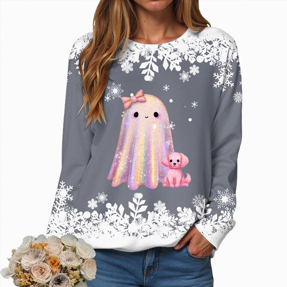 Towmus Halloween Sweaters for Women Novelty Xmas Roundneck Snowflake Sweatshirts Sequin Ghost Print Long Sleeve Pullover Tops