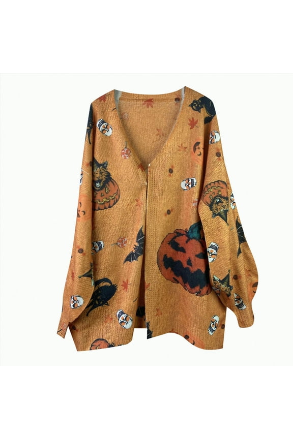 Halloween Sweaters for Women V Neck Button Down Oversized Sweaters Batwing Long Sleeve Pullover Pumpkin Face Loose Knit Jumpe