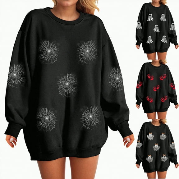 Towmus Halloween Sweatshirt Women Oversized Cute Ghost Sweatshirts Fall Sequin Graphic Pullover Tops