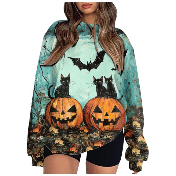 Towmus Halloween Sweatshirt for Women Casual Long Sleeve Crewneck Pullover Tops Funny Graphic Pumpkin Cute Print Blouses