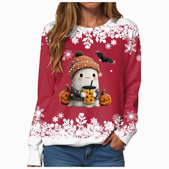 Towmus Halloween Sweatshirt for Women Cute Ghost Snowflower Graphic Sweatshirts Crewneck Long Sleeve Fall Pullover