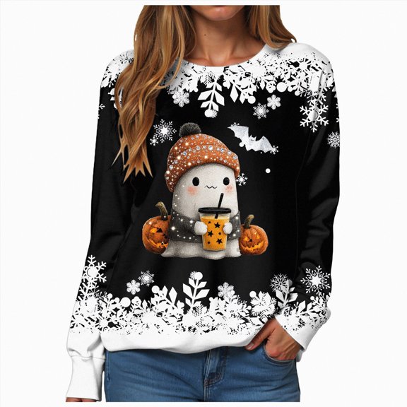 Towmus Halloween Sweatshirt for Women Cute Ghost Snowflower Graphic Sweatshirts Crewneck Long Sleeve Fall Pullover