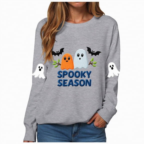 Towmus Halloween Sweatshirts Women Embroidered Sequin Ghost Graphic Pullover Shirt Halloween Crewneck Tops