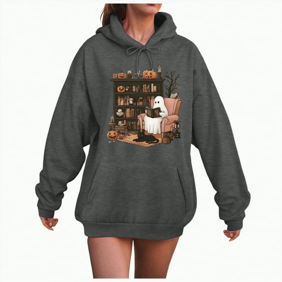 Towmus Halloween Sweatshirts for Girl Trendy Y2K Women Drawstring Hooded Fashion Kangaroo Casual Graphic Long Sleeve Shirt Basic Tops