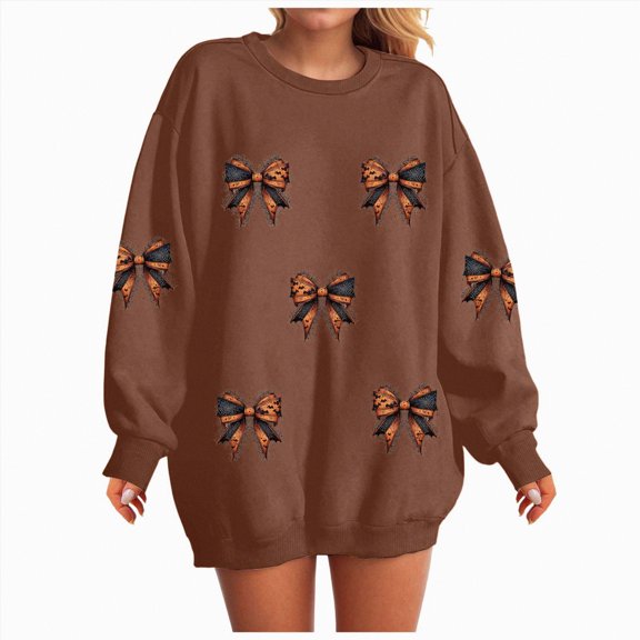 Towmus Halloween Sweatshirts for Women Bow Graphic Sweatshirts Halloween Crewneck Sweater Fall Long Sleeves Tops