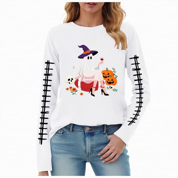Towmus Halloween Sweatshirts for Women Cute Ghost Crewneck Long Sleeve Party Shirts Funny Red Glass Print Long Sleeve Pullovers