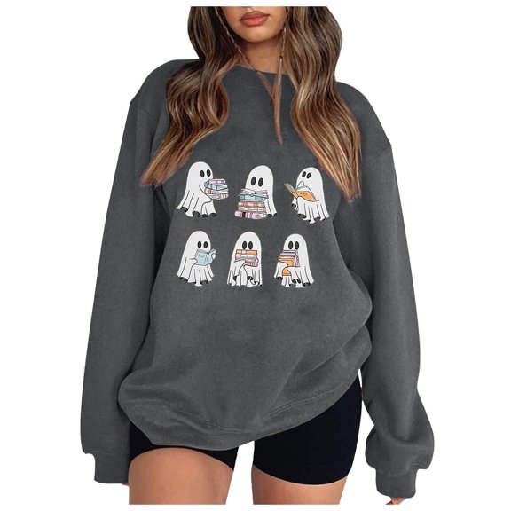 Towmus Halloween Sweatshirts for Women Doll Reading Books Sweater Cute Funny Bookish Shirt Fall Pullover Tops