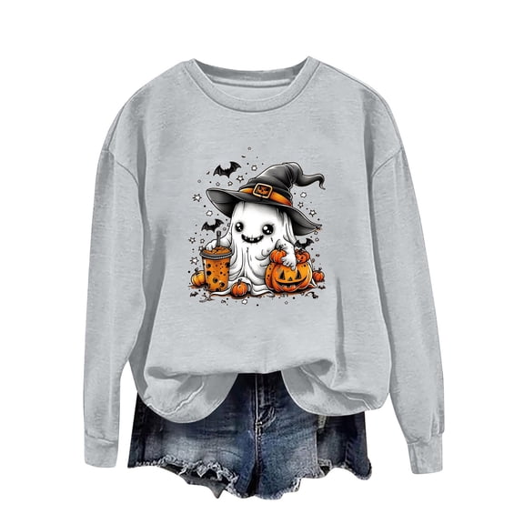 Towmus Halloween Sweatshirts for Women Funny Pumpkin Sweater Cute Print Coffee Graphic Pullover Shirts Crewneck Long Sleeve Shirts Tops