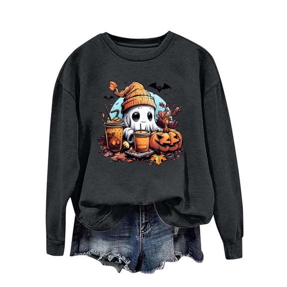 Towmus Halloween Sweatshirts for Women Funny Pumpkin Sweater Cute Print Coffee Graphic Pullover Shirts Crewneck Long Sleeve Shirts Tops