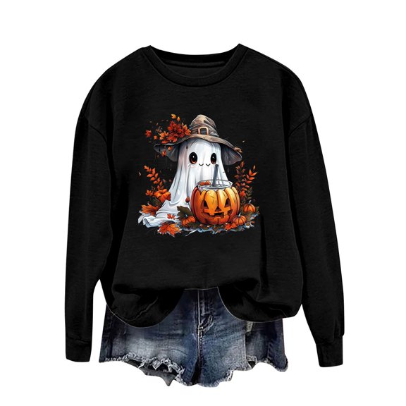 Towmus Halloween Sweatshirts for Women Funny Pumpkin Sweater Cute Print Coffee Graphic Pullover Shirts Crewneck Long Sleeve Shirts Tops