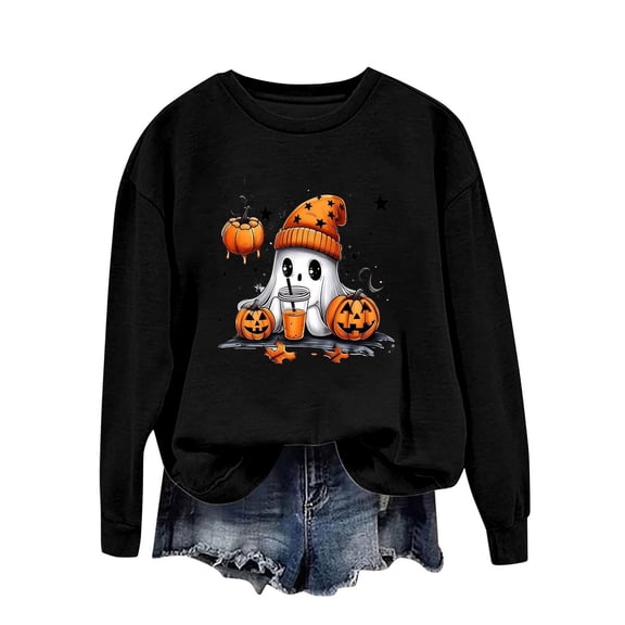Towmus Halloween Sweatshirts for Women Funny Pumpkin Sweater Cute Print Coffee Graphic Pullover Shirts Crewneck Long Sleeve Shirts Tops