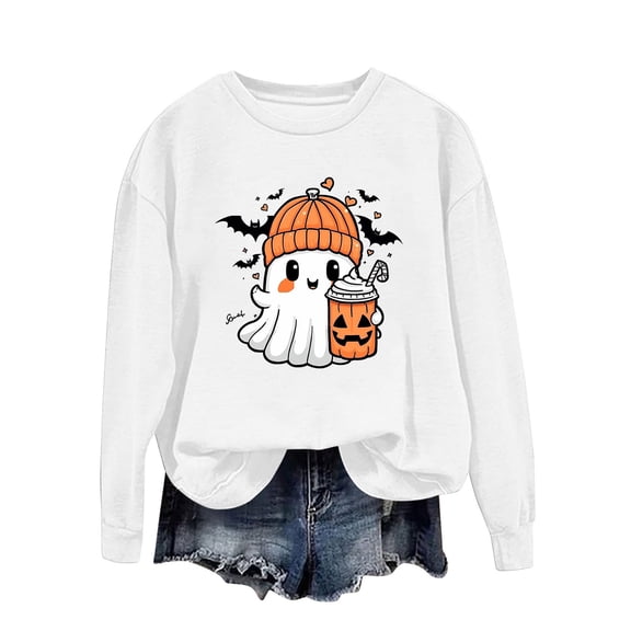 Towmus Halloween Sweatshirts for Women Funny Pumpkin Sweater Cute Print Coffee Graphic Pullover Shirts Crewneck Long Sleeve Shirts Tops