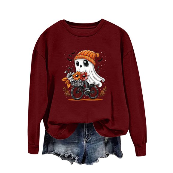 Towmus Halloween Sweatshirts for Women Funny Pumpkin Sweater Cute Print Coffee Graphic Pullover Shirts Crewneck Long Sleeve Shirts Tops