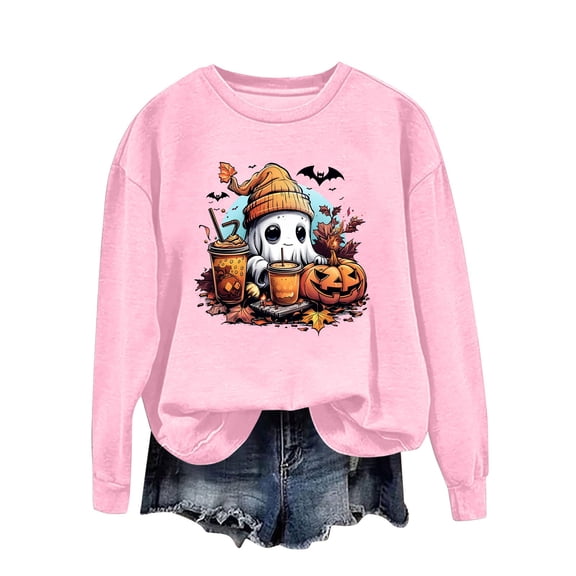 Towmus Halloween Sweatshirts for Women Funny Pumpkin Sweater Cute Print Coffee Graphic Pullover Shirts Crewneck Long Sleeve Shirts Tops