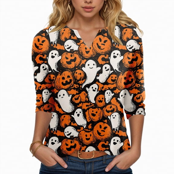 Towmus Halloween V Neck 3/4 Length Sleeve Womens Tops Travel Oversized Dressy Casual Pumpkin T-Shirts Ladies Clothes for Loose