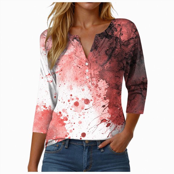 Towmus Halloween Women's Tie Dye 3/4 Length Sleeve Button Up Shirt Graphic Tees Tops Women Blouses Funny Tshirt Fall Casual Clothes