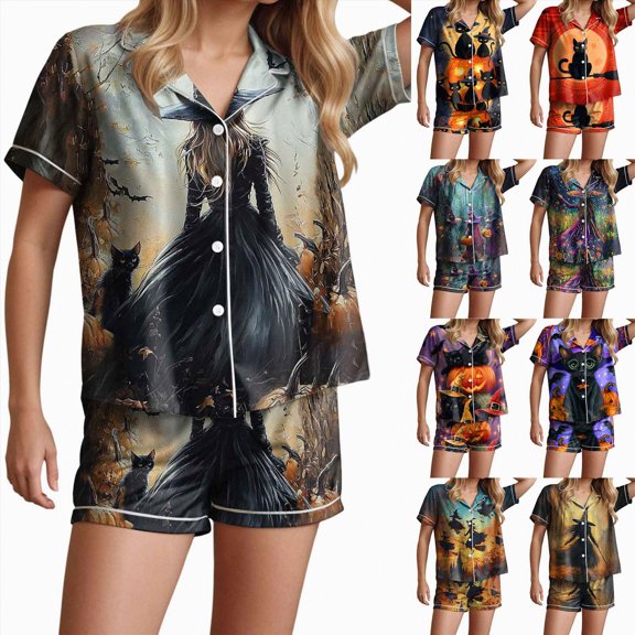 Towmus Halloween Womens Pajama Set Short Sleeve Top And Shorts Elastic Set With Pockets Loungewear Casual Wear Suit