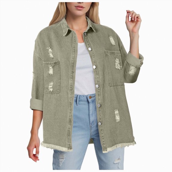Towmus Jacket for Women Oversized Boyfriend Jean Jacket Button Up Frayed Hem Shacket Distressed Ripped Denim Jackets