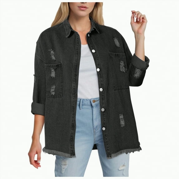Towmus Jacket for Women Oversized Boyfriend Jean Jacket Button Up Frayed Hem Shacket Distressed Ripped Denim Jackets