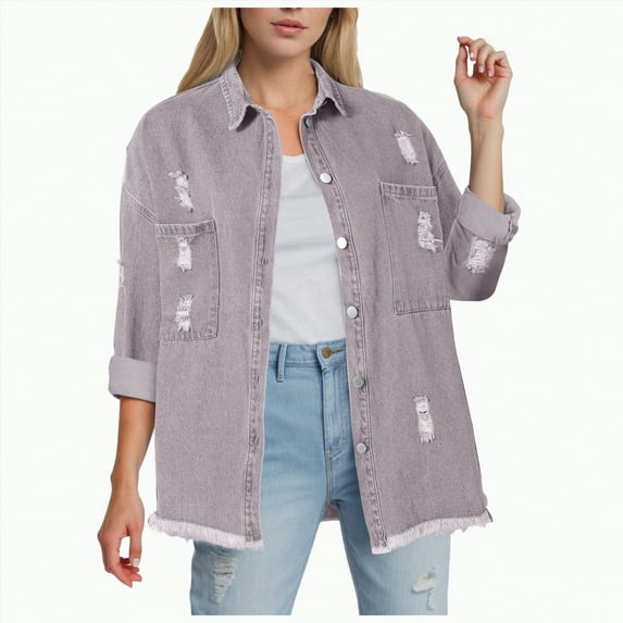 Towmus Jacket for Women Oversized Boyfriend Jean Jacket Button Up Frayed Hem Shacket Distressed Ripped Denim Jackets