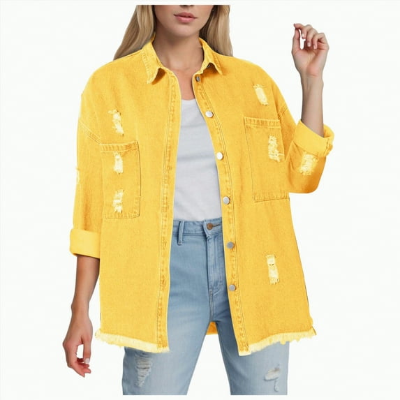 Towmus Jacket for Women Oversized Boyfriend Jean Jacket Button Up Frayed Hem Shacket Distressed Ripped Denim Jackets