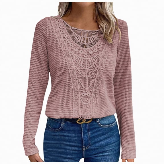 Towmus Lace Crochet Tops for Women Flowy Oversized Tshirts Ladies Long Sleeve V Neck Waffle Knit Textured Casual T-Shirts Blouse