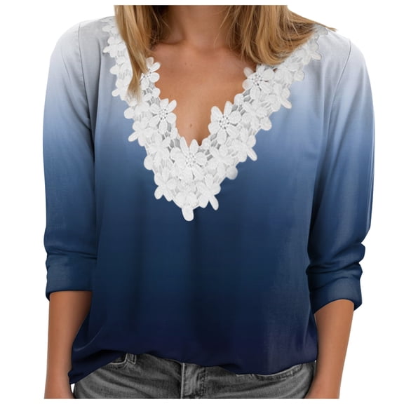 Towmus Ladies 3/4 Length Sleeve Daily Blouse Dressy V Neck Tunic Casual Halloween Red Print Tops Tshirt