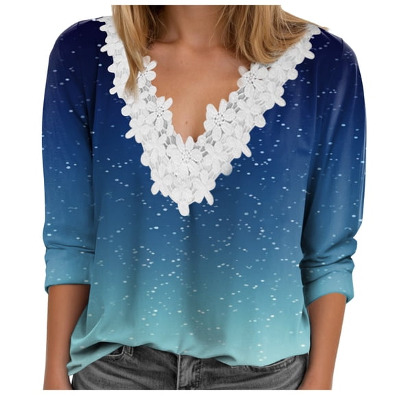 Towmus Ladies 3/4 Length Sleeve Daily Blouse Dressy V Neck Tunic Casual Halloween Red Print Tops Tshirt