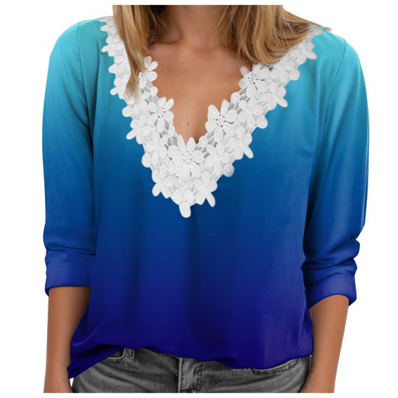 Towmus Ladies 3/4 Length Sleeve Daily Blouse Dressy V Neck Tunic Casual Halloween Red Print Tops Tshirt