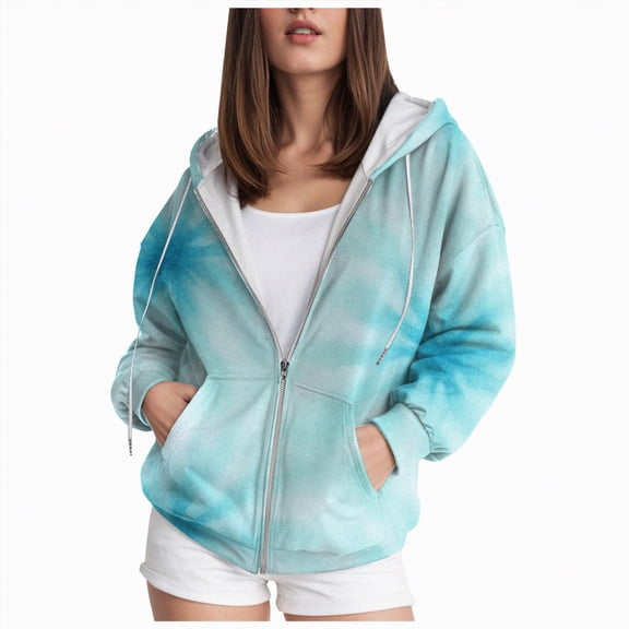 Towmus Lightweight Zip Up Hoodies for Women Plus Size Casual Sweatshirts Long Sleeve Jacket Drawstring Gradient Hooded