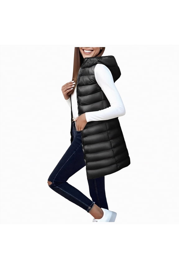 Long Puffer Vest for Women Winter Lightweight Hooded Zip Up Sleeveless Down Jackets Quilted Warm Cotton Padded Waistcoat Outerwear with Pockets