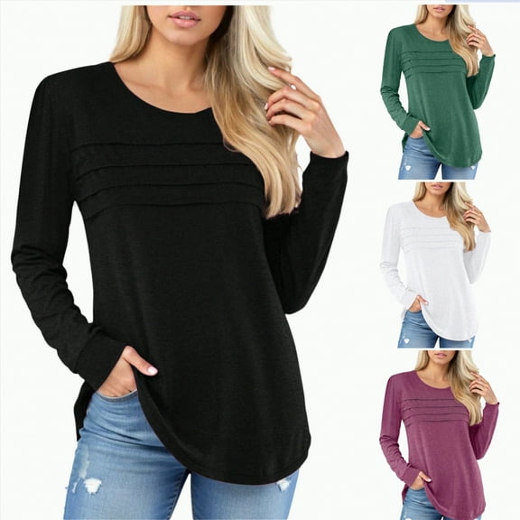 Towmus Long Sleeve Shirts for Women Casual Fall Dressy Casual Blouses Fashion Pleated Tunic Tops