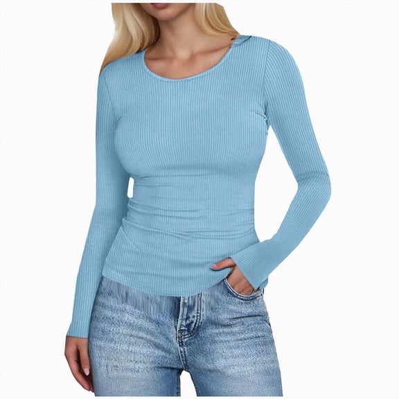 Towmus Long Sleeve Shirts for Women Casual Womens Blouses Fall Fashion Ribbed Basic Tops Winter Clothes, Light Blue, XL