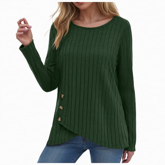 Towmus Long Sleeve Shirts for Women Fall Clothes Tunic Tops Loose Fit Dressy Crewneck Pullover Sweaters with Button Cross Hem, Green, 2XL