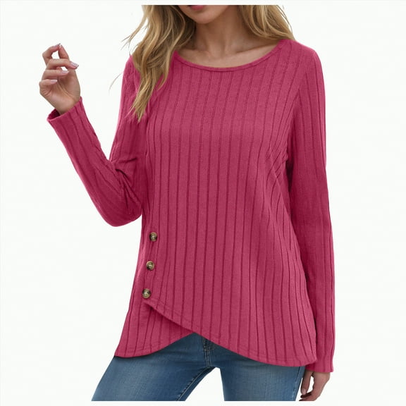 Towmus Long Sleeve Shirts for Women Fall Clothes Tunic Tops Loose Fit Dressy Crewneck Pullover Sweaters with Button Cross Hem, Hot Pink, M