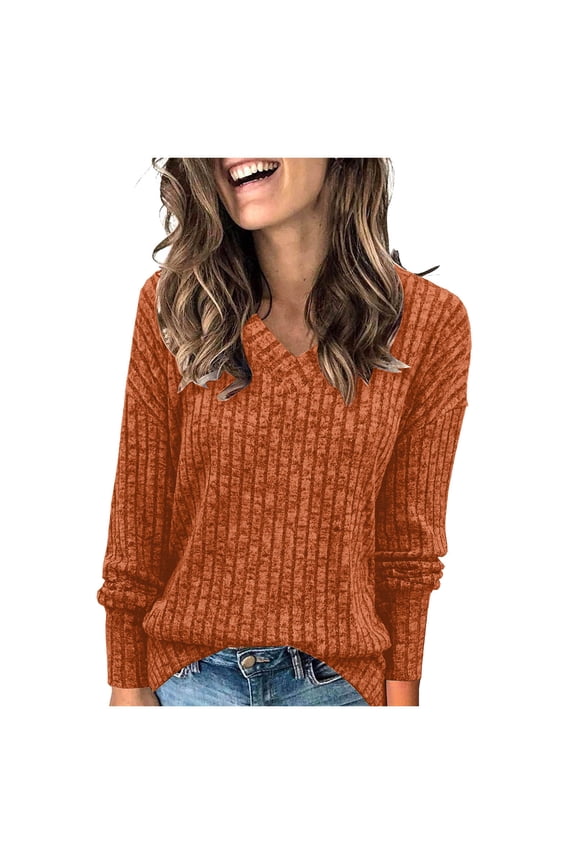 Long Sleeve Shirts for Women Tunic Sweaters Casual V Neck Fall Winter Fashion Clothes Basic Tees, Sizes S-2XL