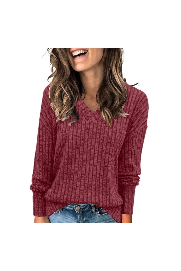 Long Sleeve Shirts for Women Tunic Sweaters Casual V Neck Fall Winter Fashion Clothes Basic Tees, Sizes S-2XL
