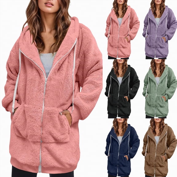 Towmus Long Teddy Fleece Coats for Women Clearance Full Zip Winter Warm Soft Fluffy Long Sleeve Hooded Jackets Casual Loose Overcoat Cardigan Outwear