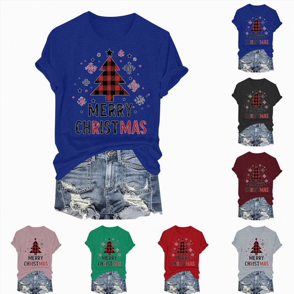 Towmus Merry Christmas Shirts for Women Casual Graphic Print T Shirt Xmas Buffalo Plaid Tree Shirt Top Short Sleeve