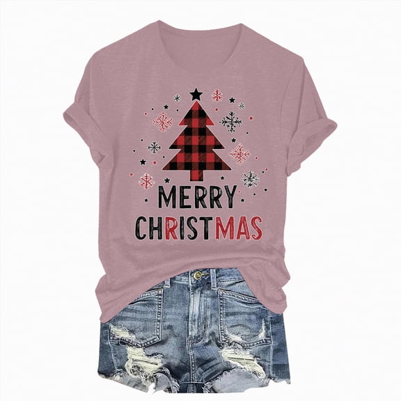 Towmus Merry Christmas Shirts for Women Casual Graphic Print T Shirt Xmas Buffalo Plaid Tree Shirt Top Short Sleeve