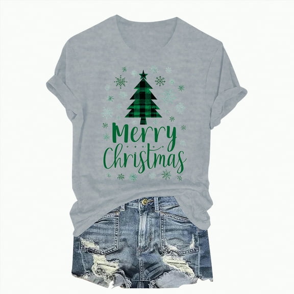 Towmus Merry Christmas Shirts for Women Crew Neck Short Sleeve Xmas Plaid Tree T Shirt Casual Graphic Print Tops