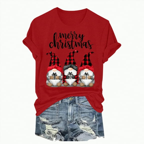 Towmus Merry Christmas Shirts for Women Gnomes Graphic T-Shirt Short Sleeve Casual Xmas Holiday Pullover Tops
