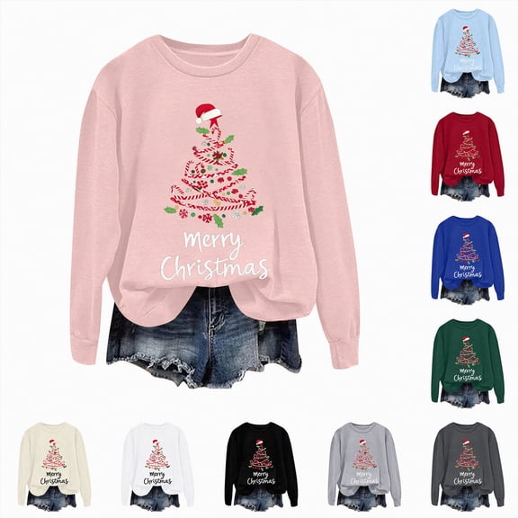Towmus Merry Christmas Sweatshirts for Women Casual Crew Neck Long Sleeve Xmas Tree Graphic Fall Pullover Tops