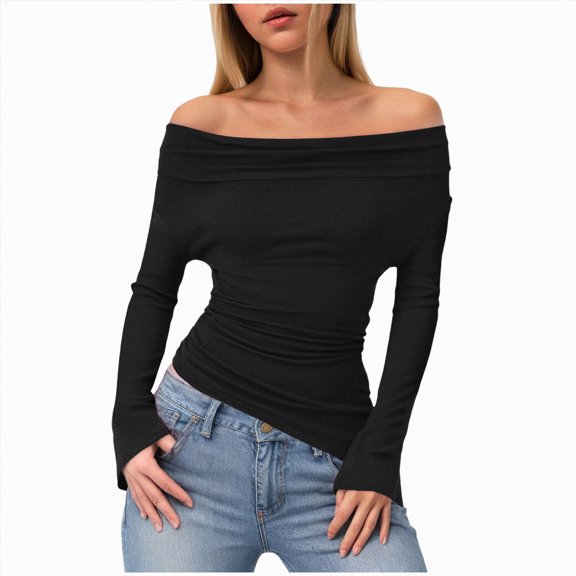 Towmus Off The Shoulder Tops for Women Fall Fashion 2025 Long Sleeve Shirts Going Out Slim Fitted Blouses Y2K Clothes, Black, M