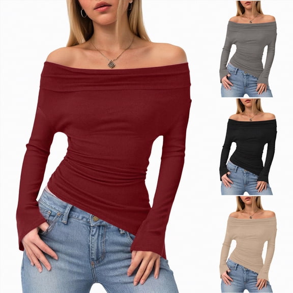 Towmus Off The Shoulder Tops for Women Fall Fashion 2025 Long Sleeve Shirts Going Out Slim Fitted Blouses Y2K Clothes, Wine, L
