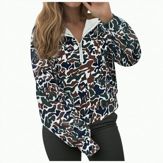 Towmus Oversized Quarter Zip Pullover Casual Women Camo Zip Up Hoodie Camo Hoodie Womens Colorful Patchwork Graphic Hoodies