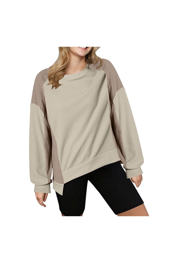 Oversized Sweatshirt for Women Waffle Knit Color Block Crewneck Long Sleeve Casual High Low Pullover Sweatshirts Tops
