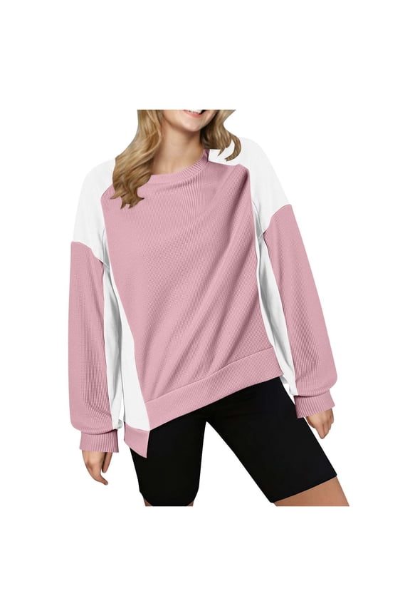 Oversized Sweatshirt for Women Waffle Knit Color Block Crewneck Long Sleeve Casual High Low Pullover Sweatshirts Tops