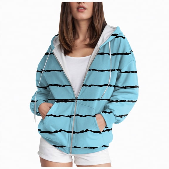 Towmus Oversized Zip Up Hoodie for Women Casual Baggy Loose Basic Zipper Striped Hooded Sweatshirt Coat Y2K Jacket with Pockets for Fall Winter